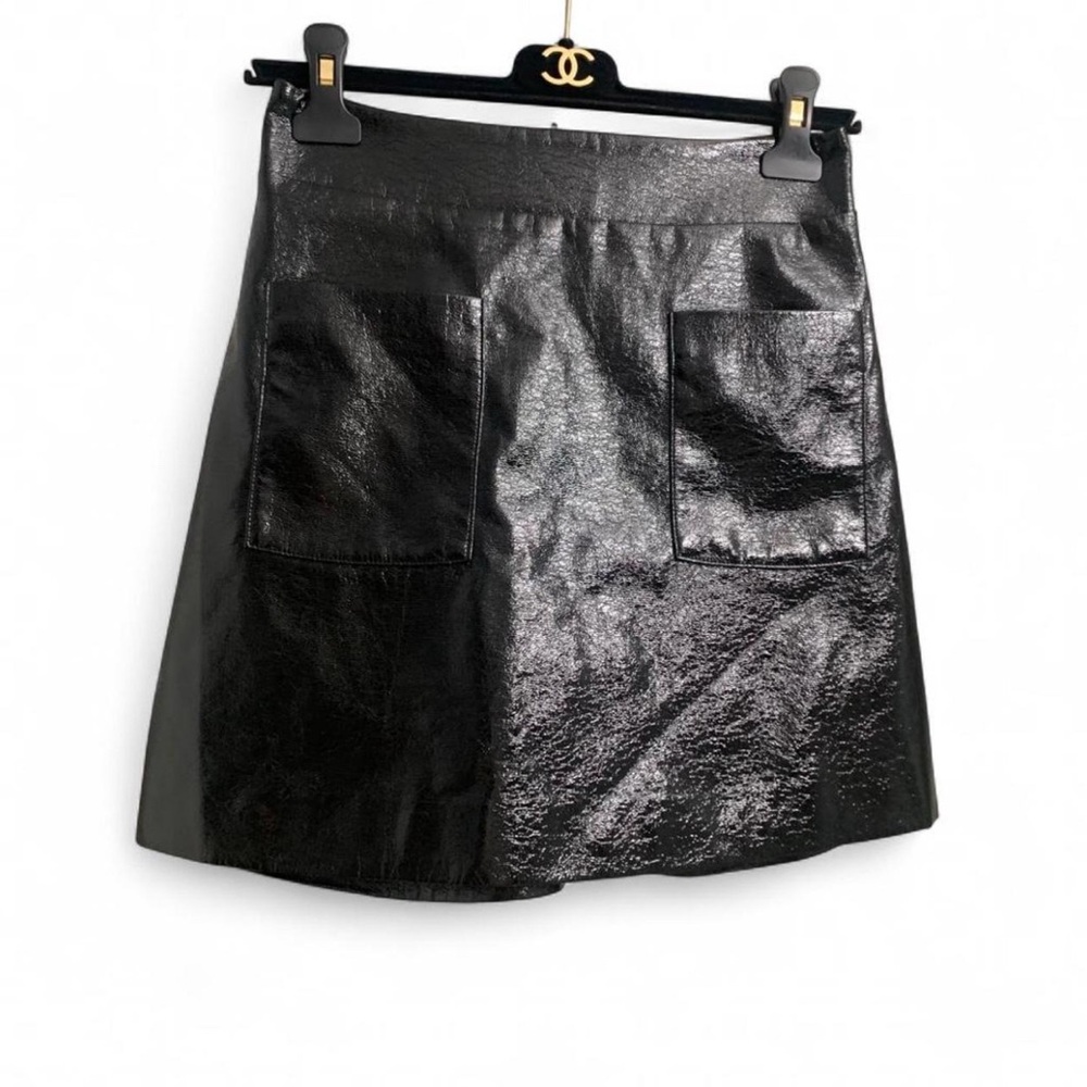Capulet Black Patent Leather A-Line mini Skirt with slits size XS Y2K leather